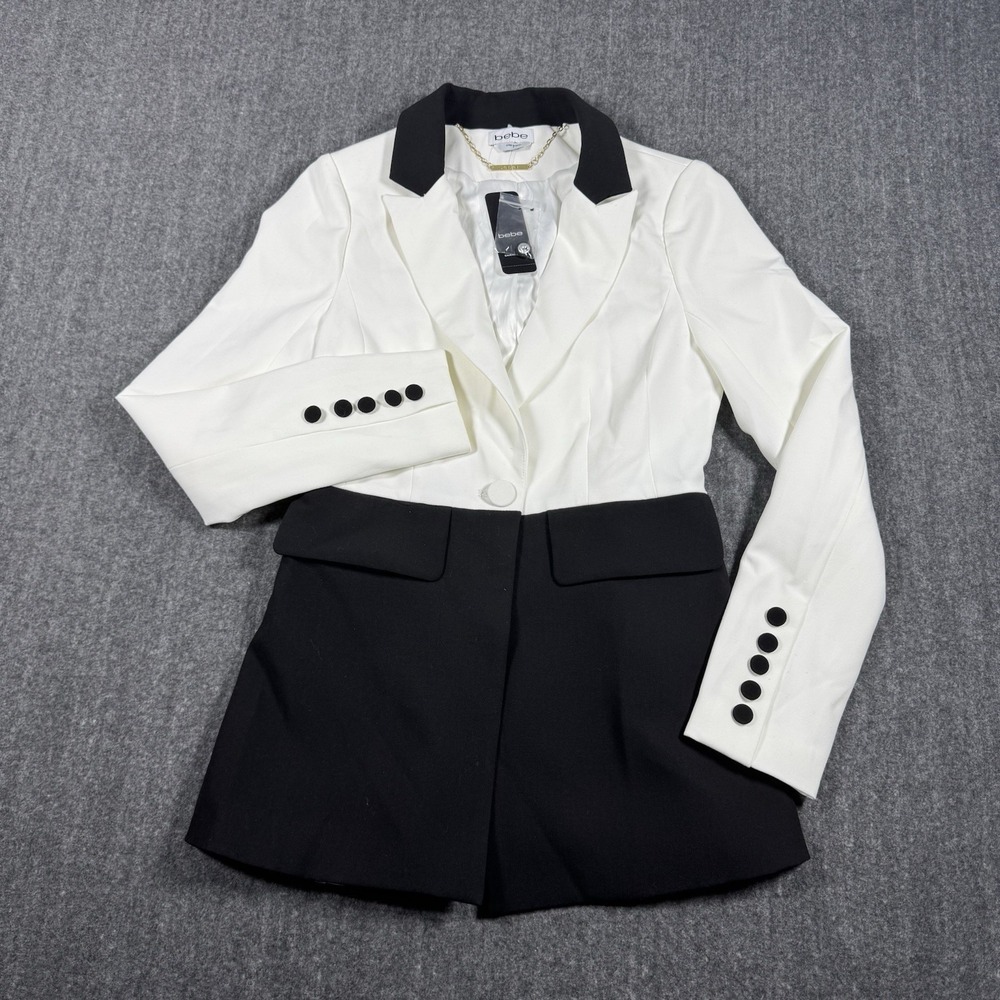 bebe Women's Size 0 Woven Twill Colorblock Blazer Jacket Black White NWT $159